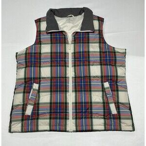 Lands End Down Puffer Vest Womens 1X Cream Tartan Plaid Full Zip